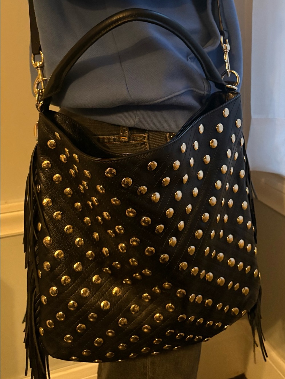 Rebecca Minkoff NWOT Large Black Studded Fringe Hobo Shoulder Bag